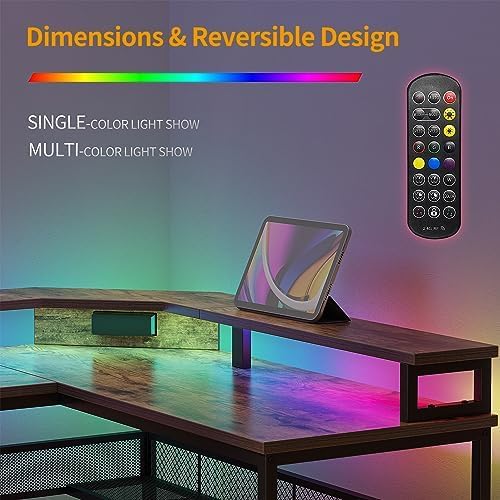 CubiCubi L Shaped Gaming Desk with LED Lights and Power Outlets, 58" Reversible Corner Computer Desk with Storage Shelves and Drawer, Home Office Desk with Monitor Stand, Rustic Brown - LeafyLoom