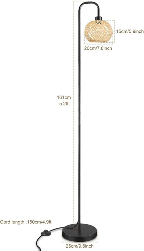 Boho Floor Lamp for Living Room, Industrial Standing Lamp with Handmade Rattan Natural Bamboo Lantern Mini Shade, Tall Pole Light with E26 Socket for Bedroom, Farmhouse,Black(NO Bulb) - LeafyLoom