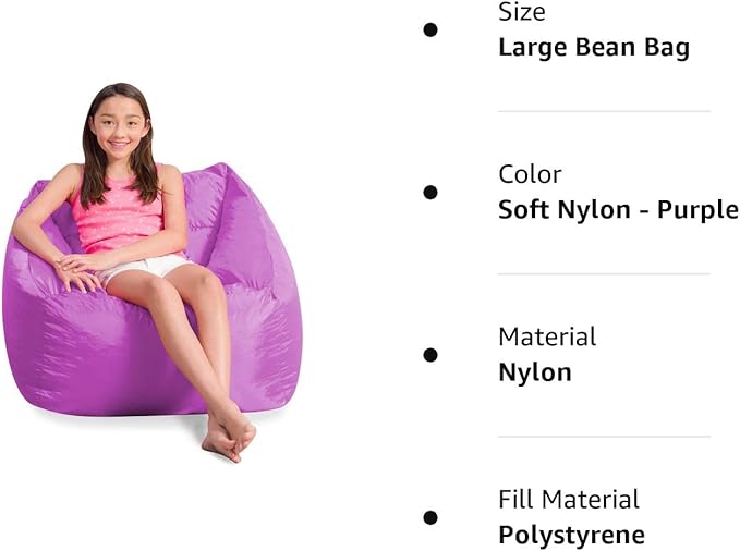 Posh Creations Coronado Bean Bag Boys and Girls Large Chair for Kids, for Gaming and Playrooms, Soft Nylon-Purple, Large Bean Bag - LeafyLoom