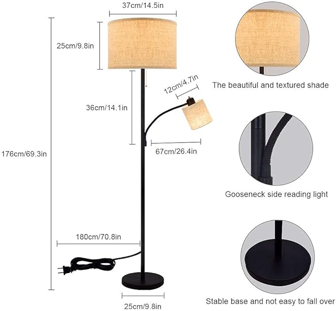 DLLT Living Room Standing Floor Lamps for Reading, Modern Tall Pole Lamp for Contemporary Home with Adjustable Side Light, Mid-Century Industrial Lighting with Drum Shade for Bedroom, Office, Metal - LeafyLoom