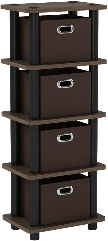 FURINNO Turn-N-Tube 4-Bins System Rack, Columbia Walnut/Black/Dark Brown - LeafyLoom