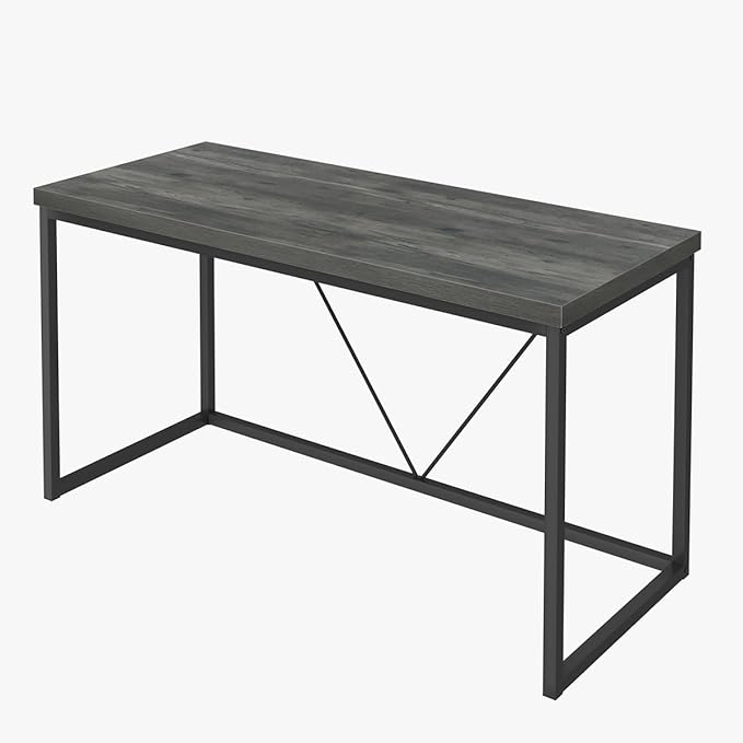 55 inch Computer Desk, Vintage Work Desk for Home Office, Rustic Wood and Metal Study Writing Table, Grey - LeafyLoom