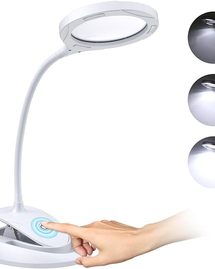 COLFULINE Magnifying Lamp 5X 10X, 2-in-1 Rechargeable Magnifying Glass with Light, LED Magnifying Light with Base & Clamp and Touch Button for Reading, Working, Crafts, 3 Adjustable Brightness - LeafyLoom