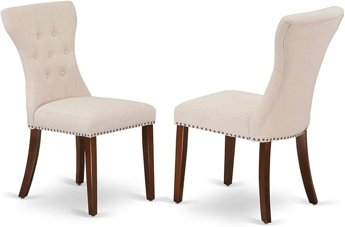 East West Furniture ESGA3-MAH-32 Eden 3 Piece Dining Set for Small Spaces Contains a Round Wooden Table with Pedestal and 2 Light Beige Linen Fabric Parson Chairs, 30x30 Inch, Mahogany - LeafyLoom