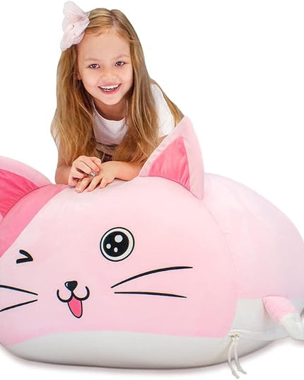 Cute Cat Bean Bag Chair for Kids, Pink Stuffed Animal Storage Beanbag Chairs for Girls Room Decor, Extra Large Size, Velvet Super Soft Cover Only - LeafyLoom