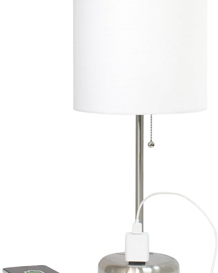Simple Designs LT1144-WHT Sleek and Slender Brushed Steel Table Lamp with Charging Outlet, for Bedroom, Living Room, Entryway, Office, Dining Room, Study, White Shade - LeafyLoom