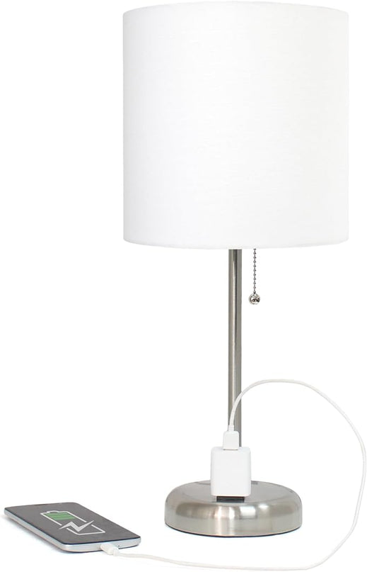 Simple Designs LT1144-WHT Sleek and Slender Brushed Steel Table Lamp with Charging Outlet, for Bedroom, Living Room, Entryway, Office, Dining Room, Study, White Shade - LeafyLoom