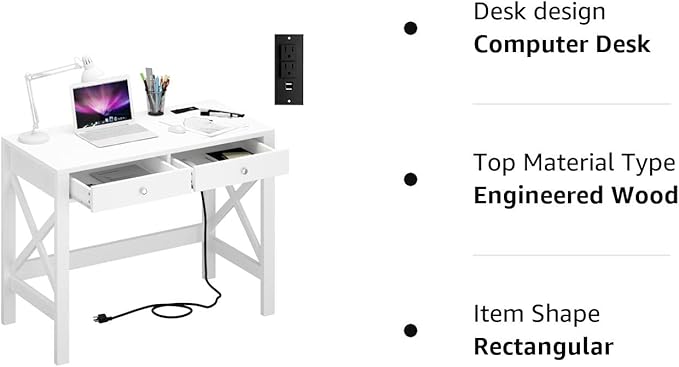 ChooChoo Computer Desk with USB Charging Ports and Power Outlets, 39" White Desk with Drawers, Small Study Writing Table with Stable X Frame for Home Office - LeafyLoom