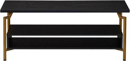 Household Essentials Crown TV Stand with Rectangular Storage Compartment Black Oak Wood Grain and Gold Metal - LeafyLoom