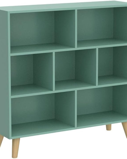 IOTXY Wooden Open Shelf Bookcase - 3-Tier Floor Standing Display Cabinet Rack with Legs, 7 Cubes Bookshelf, Tiffany-Green - LeafyLoom
