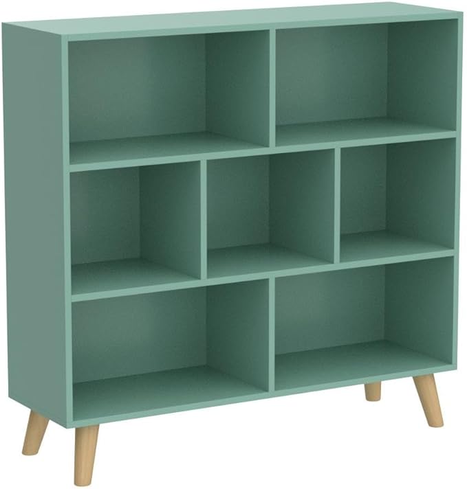IOTXY Wooden Open Shelf Bookcase - 3-Tier Floor Standing Display Cabinet Rack with Legs, 7 Cubes Bookshelf, Tiffany-Green - LeafyLoom