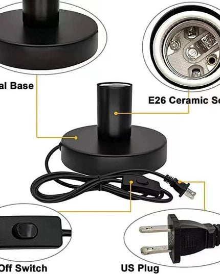 Industrial Table Lamp,Base E26/E27 Ceramic Base Holder, Vintage Small Desk Lamp with Plug in Cord On/Off Switch,Simple Metal Edison Light Bulb Stand (Black) - LeafyLoom