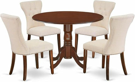 East West Furniture Dublin 5 Piece Room Set Includes a Round Dining Table with Dropleaf and 4 Light Beige Linen Fabric Upholstered Chairs, 42x42 Inch, DLGA5-MAH-32 - LeafyLoom