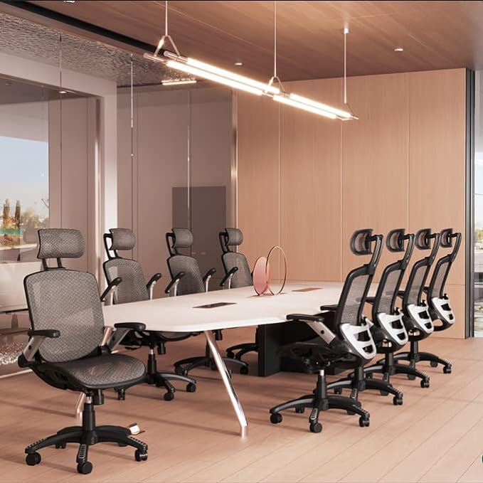 GABRYLLY Ergonomic Mesh Office Chair, High Back Desk Chair - Adjustable Headrest with Flip-Up Arms, Tilt Function, Lumbar Support and PU Wheels, Swivel Computer Task Chair, Grey - LeafyLoom