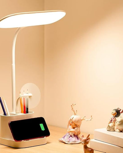 Desk Lamps for Home Office, 3 Light Colors Dimmable Desk Light Led Desk Lamp with Charger, Battery Operated Desk Lamp for Desk, Study Lamp with Pen & Phone Holder,White Led Desk Lamps for Home Office - LeafyLoom