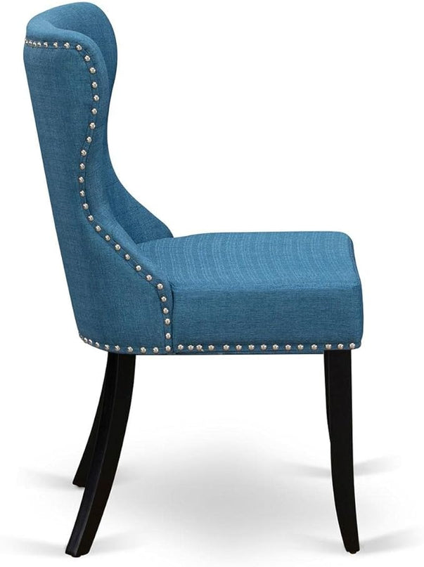 East West Furniture SIP1T21 Sion Parson Dining Room Button Tufted Nailhead Trim Blue Linen Fabric Upholstered Chairs, Set of 2, Black - LeafyLoom