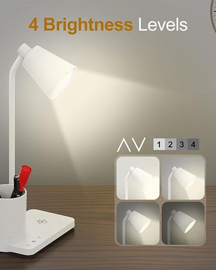 Desk Lamps for Home Office, LED Desk Lamp with Wireless Charger, 15W Fast Charging, Table Lamp with Pen Holder, 4 Brightness Levels, Eye-Caring (with AC Adapter) - LeafyLoom