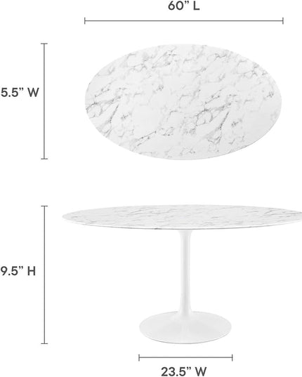 Modway Lippa 60" Oval-Shaped Mid-Century Modern Dining Table with Artificial Marble Top and White Base - LeafyLoom