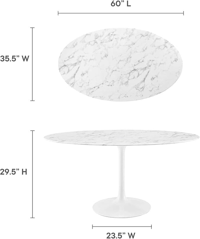 Modway Lippa 60" Oval-Shaped Mid-Century Modern Dining Table with Artificial Marble Top and White Base - LeafyLoom