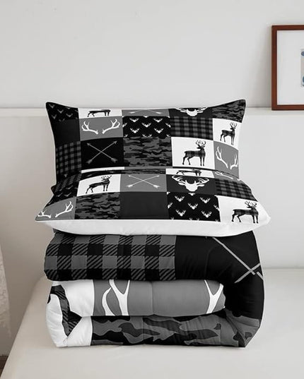 Deer Silhouette Comforter Set Queen Size,Camo Western Rustic Farmhouse Xmas Bedding Set 3pcs for Kids Teens Home Room Decor,Antlers Arrow Geometric Quilt Set,Black Grey Duvet Insert,2 Pillowcases - LeafyLoom