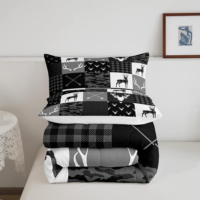 Deer Silhouette Comforter Set Queen Size,Camo Western Rustic Farmhouse Xmas Bedding Set 3pcs for Kids Teens Home Room Decor,Antlers Arrow Geometric Quilt Set,Black Grey Duvet Insert,2 Pillowcases - LeafyLoom