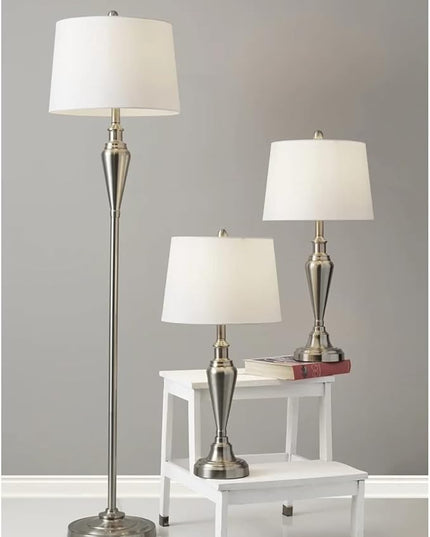 Adesso 1583-22 Glendale 3-Piece Floor Lamp Set, 59.5 in./25.5 in., 150W, Brushed Steel/White, 3 Antique Lamps - LeafyLoom