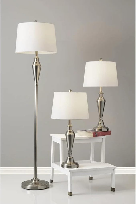 Adesso 1583-22 Glendale 3-Piece Floor Lamp Set, 59.5 in./25.5 in., 150W, Brushed Steel/White, 3 Antique Lamps - LeafyLoom