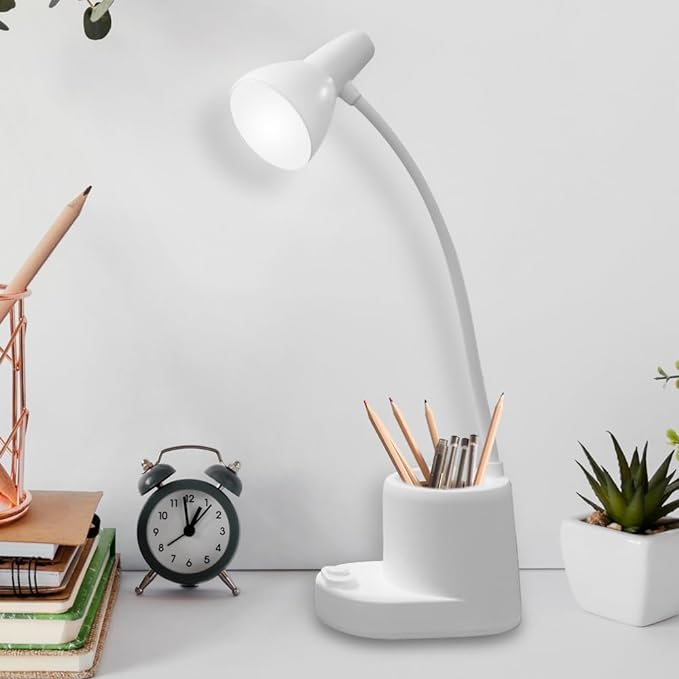Desk Lamps for Home Office,White Desk lamp,kids battery lamps for tables,Cute pen holder for desk,360° Rotating Hose,Adjust The Angle of Light Source at Will,Kids Lamps for bedrooms Girls,Small Lamps - LeafyLoom