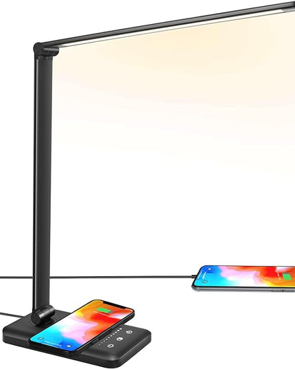 LED Desk Lamp with Wireless Charger, USB Charging Port, 10 Brightness, 5 Color Modes, Desk Lamps for Home Office, Dimmable Table Lamp Eye Caring Reading Light, Touch Control, Auto Timer, Black - LeafyLoom