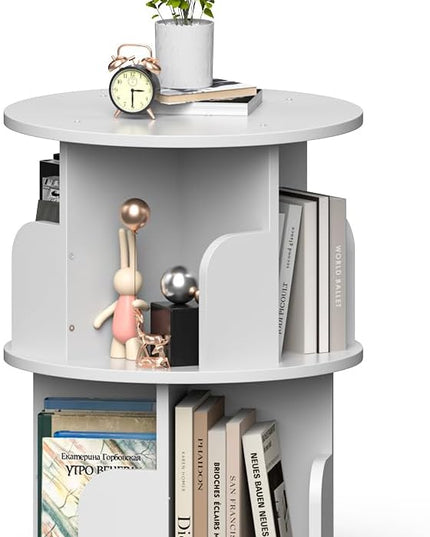 Nidouillet Small Rotating Bookshelf, 2Tier Revolving Bookcase 360 Display Round Bookshelf Narrow Swivel Corner Book Shelf Standing Bookcase for Adult Bedroom, Living Room - LeafyLoom