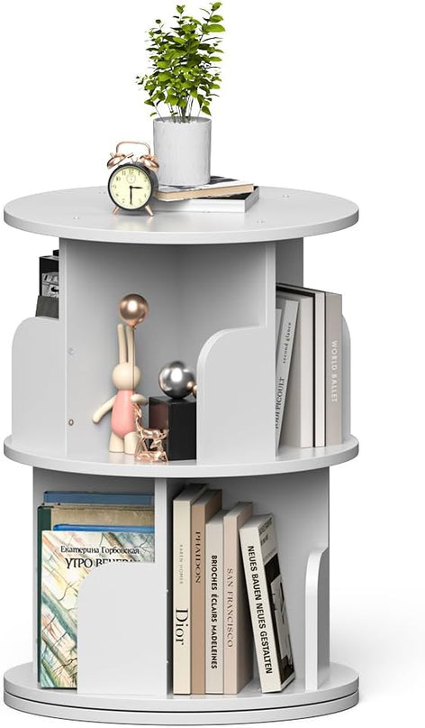 Nidouillet Small Rotating Bookshelf, 2Tier Revolving Bookcase 360 Display Round Bookshelf Narrow Swivel Corner Book Shelf Standing Bookcase for Adult Bedroom, Living Room - LeafyLoom