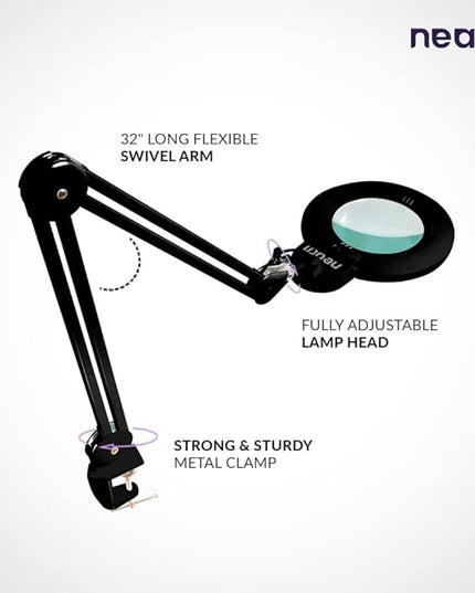 Neatfi XL Bifocals 1,200 Lumens Super LED Magnifying Lamp with Clamp, 3 Light Modes, Correlated Color Temperature Control (3000K-4500K-6000K), 12W, 120 Pcs SMD LED (Black, 6 Inch Lens) - LeafyLoom