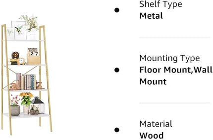 finetones Bookshelf 4 Tier, Wood Bookcase with Metal Frame, Open Display Storage Ladder Shelf, Plant Flower Stand Storage Rack for Home Office White/Gold - LeafyLoom