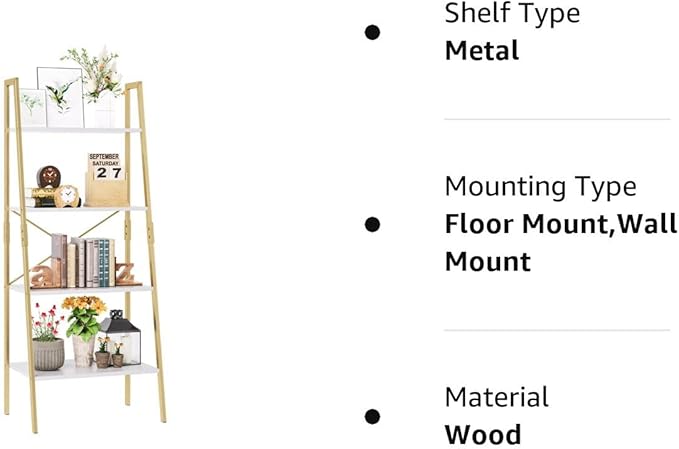 finetones Bookshelf 4 Tier, Wood Bookcase with Metal Frame, Open Display Storage Ladder Shelf, Plant Flower Stand Storage Rack for Home Office White/Gold - LeafyLoom