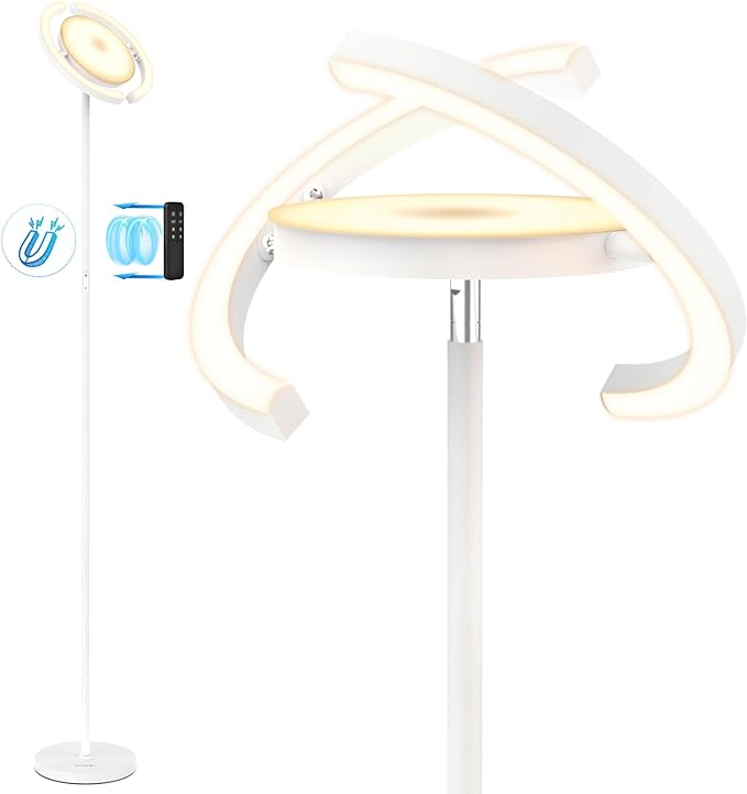 FIMEI Modern LED Floor Lamp Saturn Ring Original Design, Stepless Dimming and 3 Color Temperature, Rotatable and Independent Control of Round Light and Ring Light for Living Room Bedroom Office, White - LeafyLoom