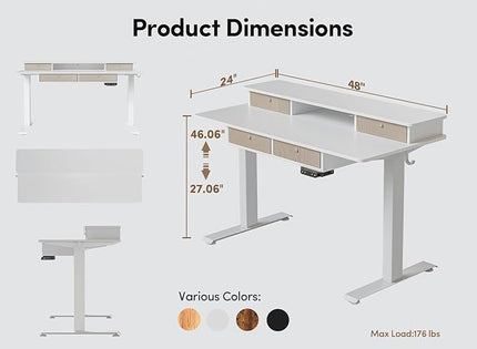 BANTI Height Adjustable Electric Standing Desk with 4 Drawers, 48 x 24 Inch Table with Storage Shelf, Sit Stand Desk, White Top - LeafyLoom