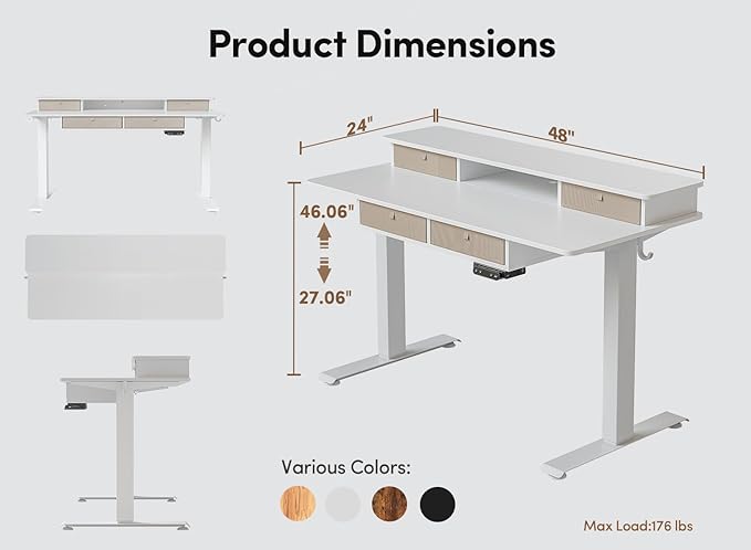 BANTI Height Adjustable Electric Standing Desk with 4 Drawers, 48 x 24 Inch Table with Storage Shelf, Sit Stand Desk, White Top - LeafyLoom