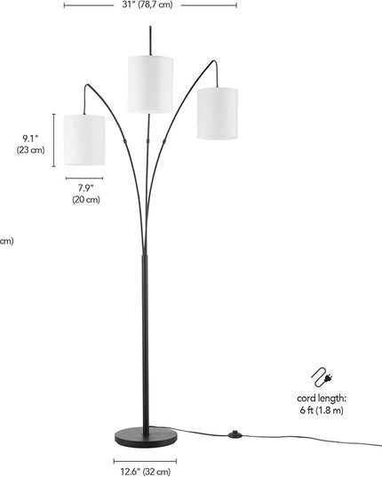 Globe Electric 65913 79" 3-Light Floor Lamp, Matte Black, White Linen Shade, in-Line On/Off Foot Switch - LeafyLoom