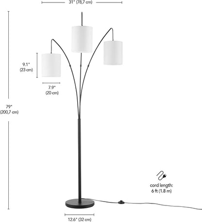 Globe Electric 65913 79" 3-Light Floor Lamp, Matte Black, White Linen Shade, in-Line On/Off Foot Switch - LeafyLoom