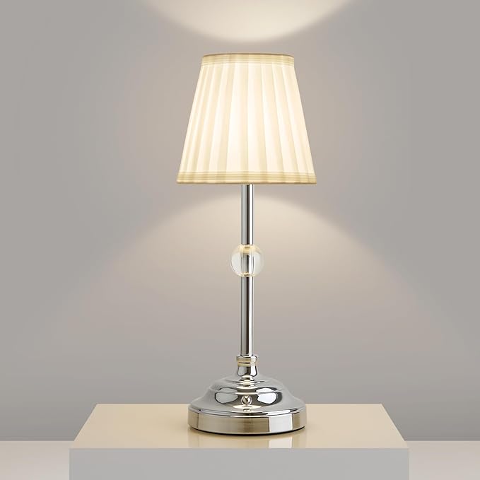 Modern Cordless Table Lamps,5000mAh Rechargeable Battery Operated Table lamp,Chrome Fabric Shade Table Lamps,Portable Touch Desk Lamp with Dimming 3000K LED Night Light for Bedroom/Bedside/Dining Room - LeafyLoom