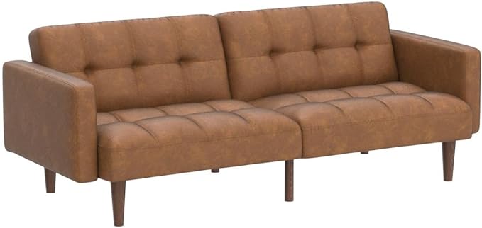 mopio Aaron Couch, Small Sofa, Futon, Sofa Bed, Sleeper Sofa, Loveseat, Mid Century Modern Futon Couch, Sofa Cama, Couches for Living Room, Bedroom (Pecan Brown, Faux Leather) - LeafyLoom