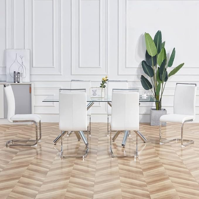 Dining Chairs Set, Kitchen Modern Metal Chairs with Faux Leather Padded Seat High Back and Sturdy Chrome Legs, Chairs for Dining Room (White-1, Set of 4) - LeafyLoom