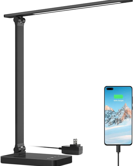 Lepro LED Desk Lamp with USB Charging Port Dimmable Home Office Touch Control Reading Table Lamp,3 Color Modes with 5 Brightness Level,College Dorm Room Essentials, Eye Caring, Sewing, Crafting, Black - LeafyLoom