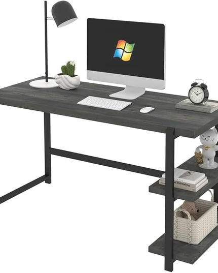 Industrial Computer Desk with Shelves, 55 inch Rustic Wood and Metal Work Study Writing Table for Home Office, Grey - LeafyLoom