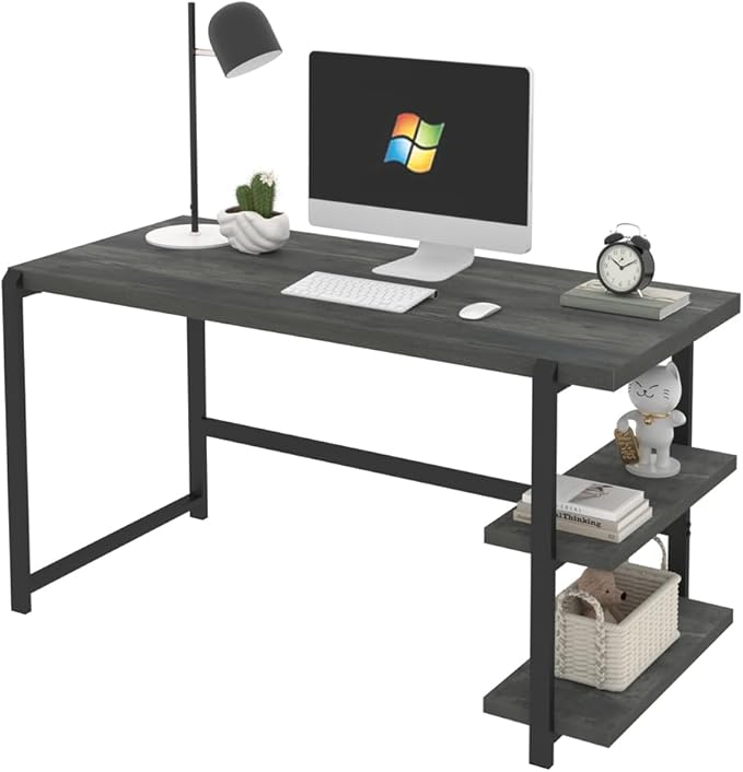 Industrial Computer Desk with Shelves, 55 inch Rustic Wood and Metal Work Study Writing Table for Home Office, Grey - LeafyLoom