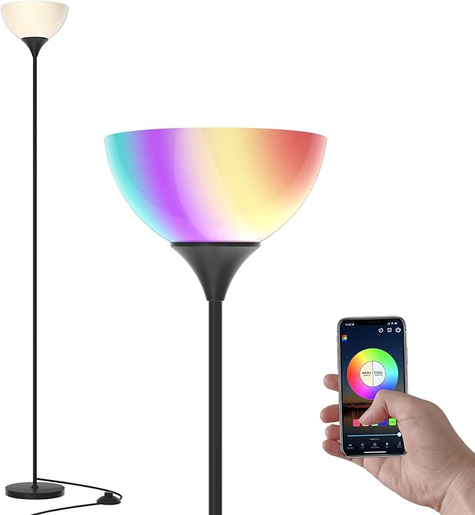 PESRAE Smart RGB Floor Lamp Work with Alexa, Google Assistant WiFi App, Modern Color Changing Floor Lamp, Dimmable Corner Floor Lamp for Living Room, Bedroom and Play Room (without Remote Control) - LeafyLoom
