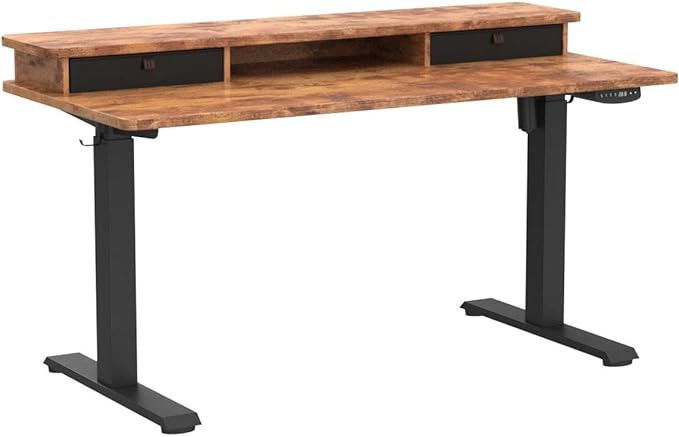 FEZIBO 55 x 24 Inch Height Adjustable Electric Standing Desk with Double Drawer, Stand Up Desk with Storage Shelf, Sit Stand Desk, Rustic Brown - LeafyLoom