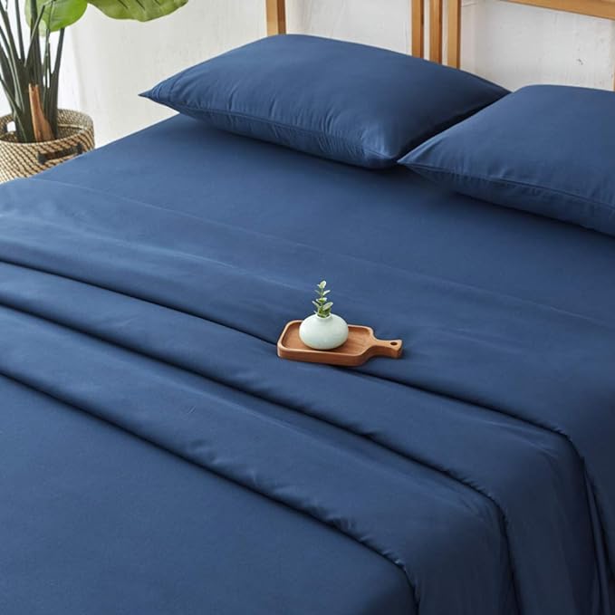 SONORO KATE Bed Sheet Set Super Soft Microfiber 1800 Thread Count Luxury Egyptian Sheets 18-Inch Deep Pocket Wrinkle-4 Piece(California King, Navy Blue - LeafyLoom