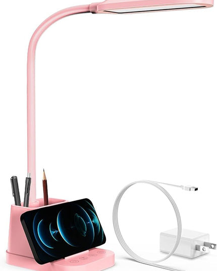 AXX Pink Desk Lamp for Kids, Cute Desk Light for Bedrooms, Kawaii Study Lamp with USB Charging Port - Small, LED, 650LM - Room College Dorm Essentials, Office Accessories for Women Teen Girls - LeafyLoom