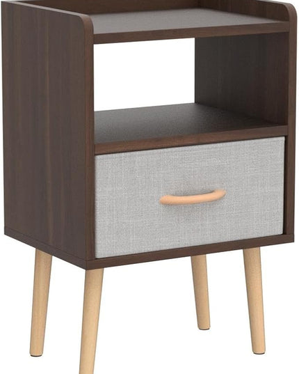 LUCKNOCK NightStand with Fabric Drawer, Bedside Table with Solid Wood Legs, Minimalist and Practical End Side Table with Open Storage Shelf for Bedroom, Rustic Brown. - LeafyLoom